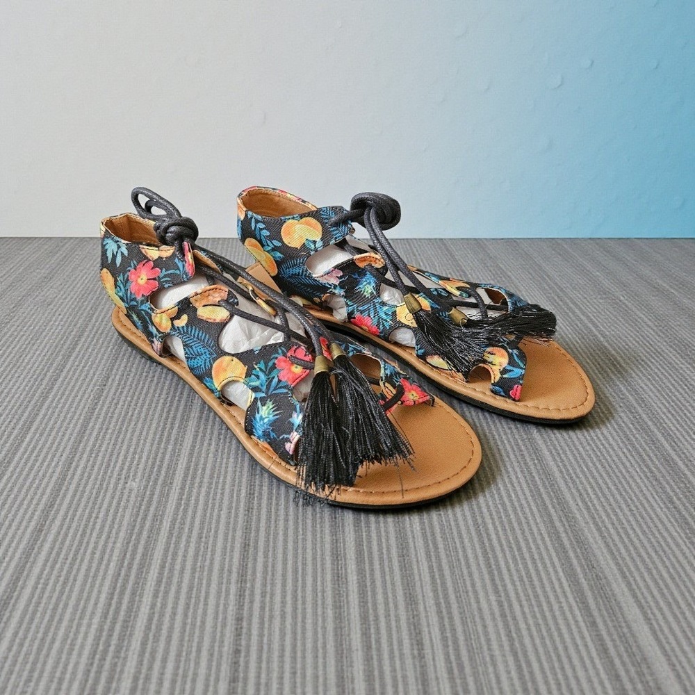 Qupid Athena-1200X Womens Tropical Floral Lace Up Tassel Sandals Multicolor Sz 7